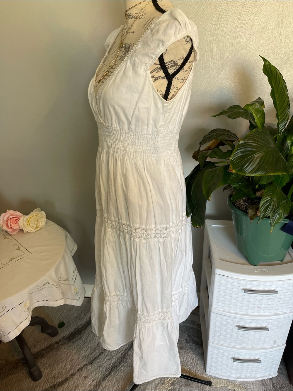 Speed Control White Cottagecore Midi Dress Lace Puff Sleeve Smocked Large - Picture 2 of 9